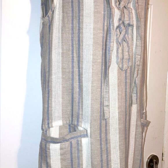 COLUMBIA Linen Coverup Beige Blue White Striped Hemp Cotton Dress Womens XS - Picture 7 of 10